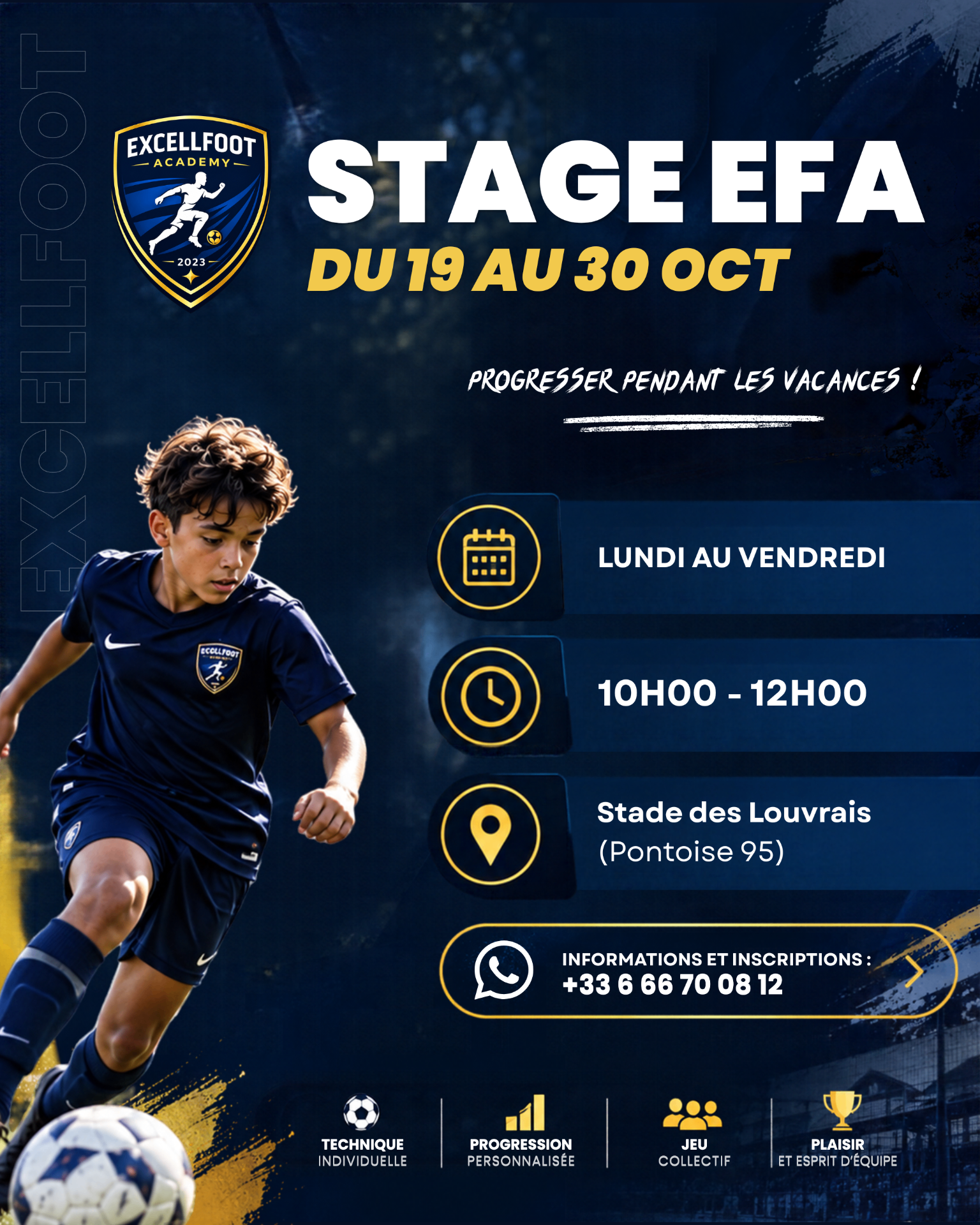 Affiche du stage EFA : du 19 au 30 octobre, du lundi au vendredi de 10h à 12h au Stade des Louvrais à Pontoise